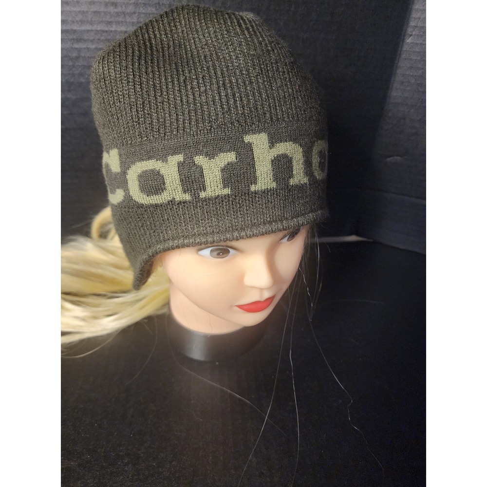 Carhartt Mens Fleece Lined Knit Beanie Hat Olive Green Logo Ear Flap Winter Cap